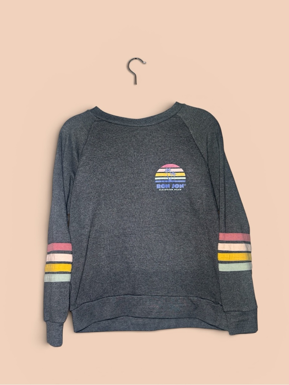 Ron Jon Charcoal Pullover with Pink, Yellow & Blue Stripe Accents - Picture 2 of 5